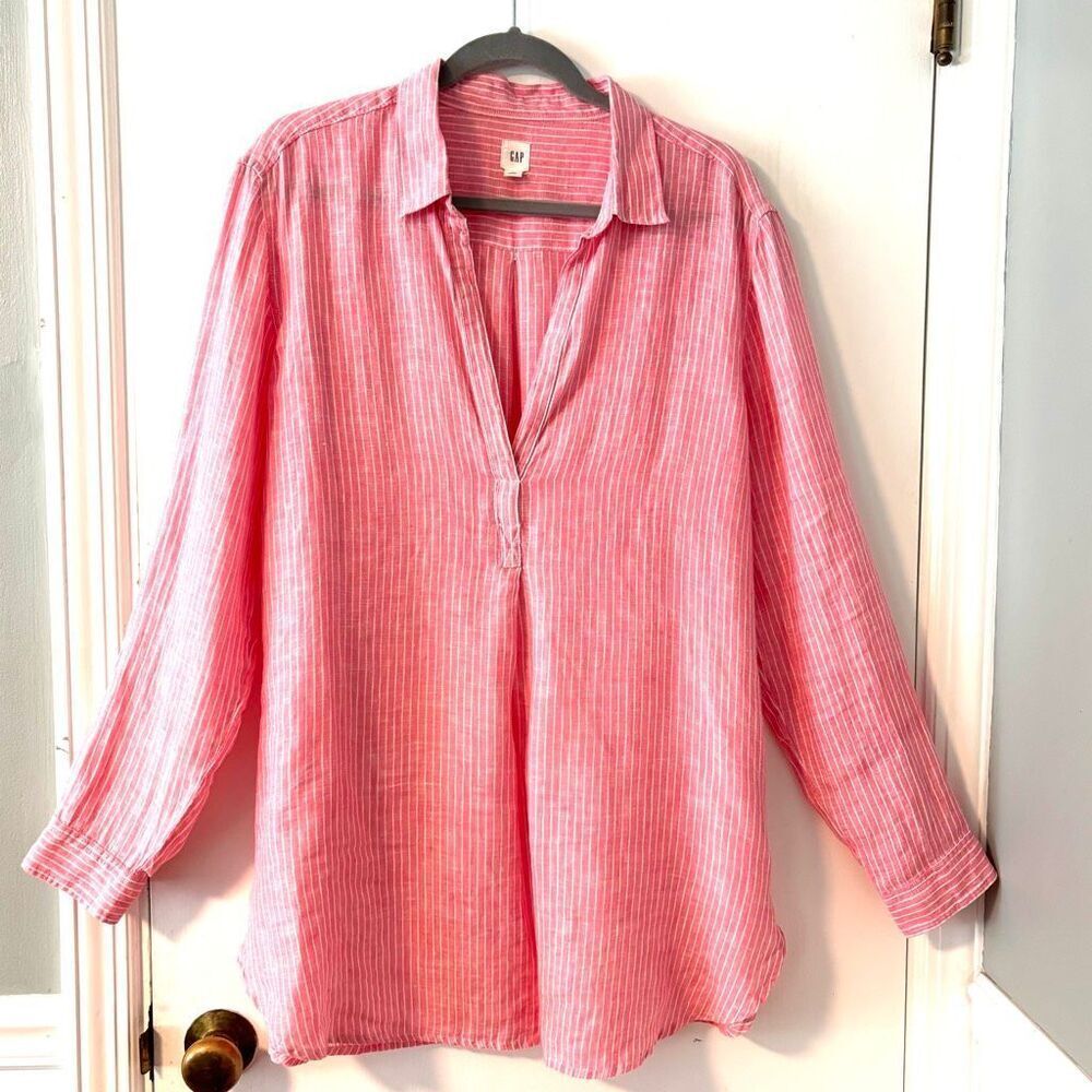 GAP XL linen pink & white stripe deep V collar shirttail tunic